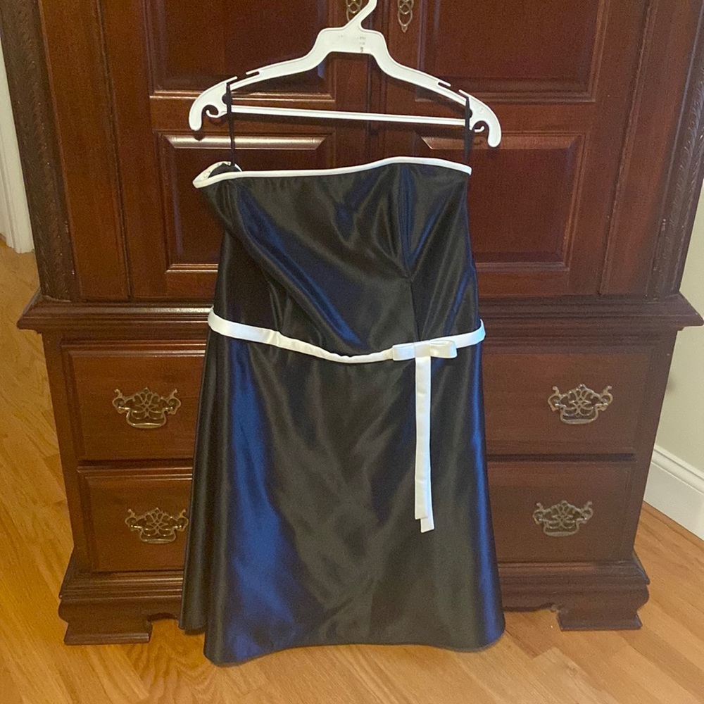 Scott McClintock Satin Strapless Black Dress with White Bow
